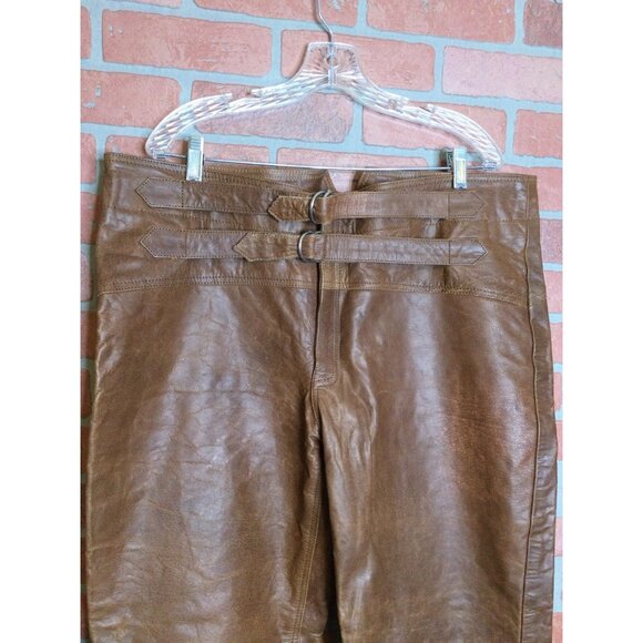 Vintage Brown Leather Pants Adjustable Buckle Straps Lined Size 42 Western - Picture 2 of 5